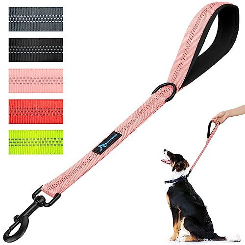 Image of Short Dog Leash 18in Padded Handle Dog Lead with 3 Reflective Thread for Large Medium Dogs Heavy Duty Dog Rope Double Layer Nylon Pet Leash (Pink, 18 in x 1 in - 1 Pack)