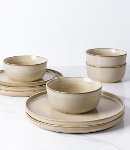GBhome Geschirrset 6 Personen, 18-tlg Reaktive Glasur Handarbeit Steingut Geschirr Set, Mikrowellen- & Spülmaschinenfest Schüssel- und Teller Set, Khaki