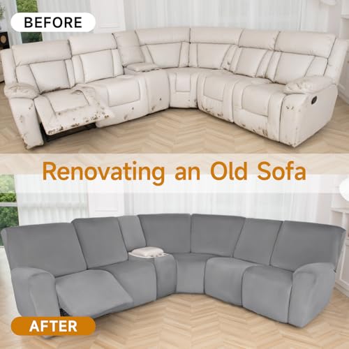 HDCAXKJ Reclining Sectional Couch Covers Velvet L Shaped Sectional Sofa Cover Washable Stretch Soft Corner Recliner Slipcover with Non-Slip Elastic Bottom (5 Seat and 1 Middle Console, Neutral Gray) by HDCAXKJ - Used condition - Image 6