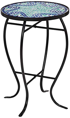 Teal Island Designs Ocean Wave Modern Industrial Black Iron Metal Round Outdoor Accent Side Table 14" Wide Light Green Mosaic Tile Tabletop Gracefully Curved Legs For Porch Patio House Balcony Deck #TOP2