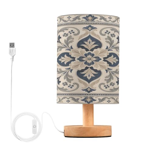 Clydfkkj Navy Grey Tile Table Lamp, Bedside Lamp with Fabric Shade | Desk Lamp for Nightstand, One Piece Led No Bulb Needed, USB Charging Port, Warm Eye Caring, Living Room Bedroom Office Dorm