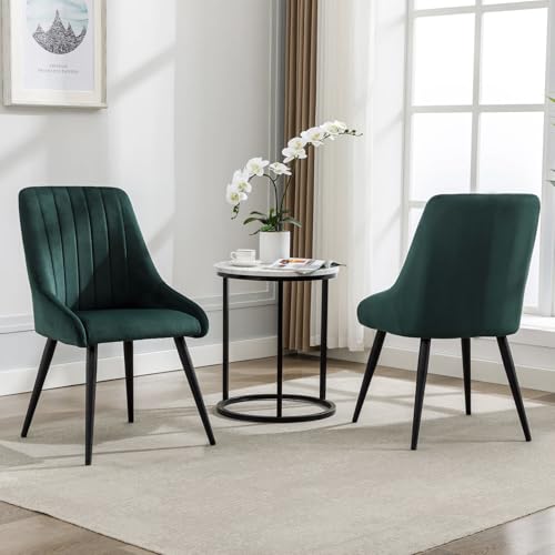 Image of Finch Fox Morris Velvet Dining Chair for Living Room, Bedroom, Home Office with Black Metal Legs in Dark Green Color