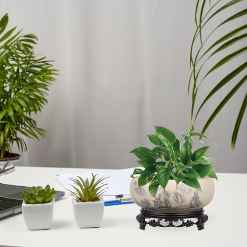 Pot de fleurs en céramique bleu et blanc avec support plastique