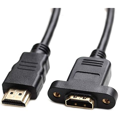 Bluwee HDMI Extension Cable High Speed HDMI Male to Female Extension Wire Cord HDMI Extender w/Screw Nut for Panel Mount - Gold Plated Plugs, Black (1FT) Cover