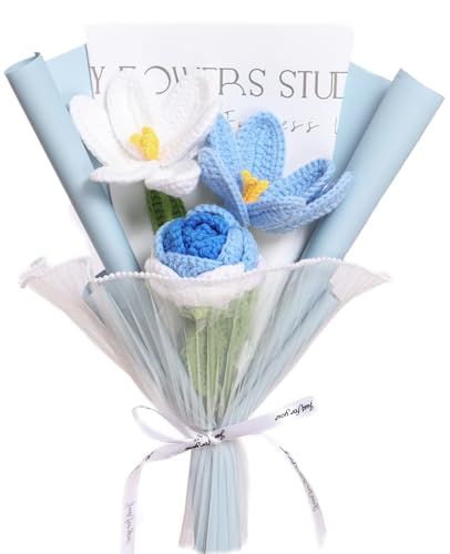 YOFANUP Crochet Flowers, Finished Handmade Crochet Flowers, Flower Bouquet, Knitted Flower, Pink Roses, Pink Tulip for Mothers Day, Valentines Day, Birthday