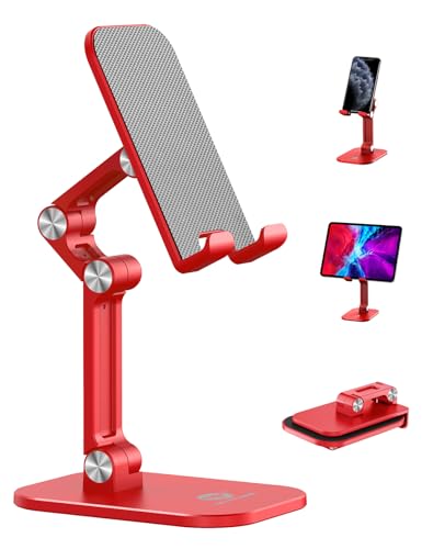 OCYCLONE Phone Stand, Adjustable Height and Angle Foldable Cell Phone Stand Holder for Desk, Taller iPhone Stand Compatible with 4.7"-13" Smartphones iPad Tablet, Red