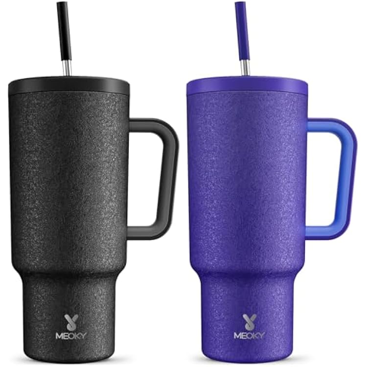 Meoky 40oz Tumbler with Handle, 2 Pack, Leak-proof Lid and Straw, Insulated Coffee Mug Stainless Steel Travel Mug, Keeps Cold for 34 Hours or Hot for 10 Hours (Night & Offshore)