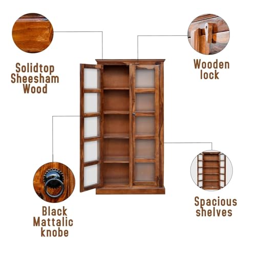 Image of Custom Decor Sheesham Wood Book Shelf with Glass Door | Wooden Bookcase and Crockery Cabinet for Home Library Kitchen | Walnut Finish