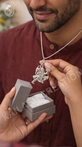 Image of Unisex Stainless Steel Silver Hanuman Ji Pendant Necklace - Lord Mahabali, Meditation Pose, Gada Design, Bajrang Bali, Veer Hanuman & Devotional Face Locket with 24 Inch Chain for Men & Women