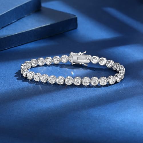 Gemsme 18K White Gold Plated 4mm Cubic Zirconia Bezel Set Tennis Bracelet for Women, Roll Tiny Bead Tennis Link Bracelet (18)