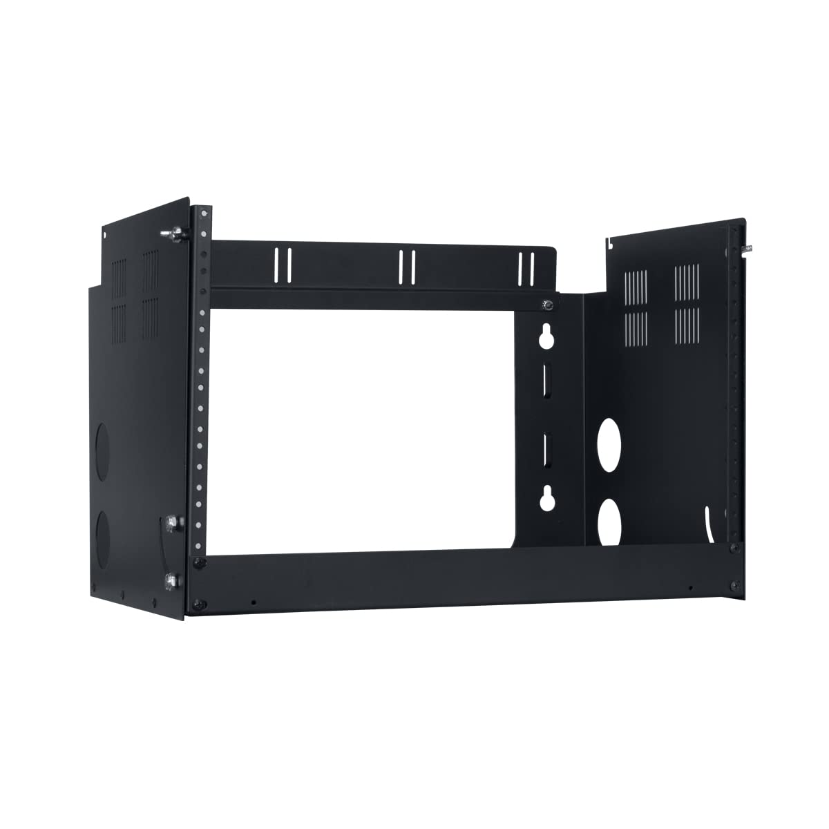 Lowell PFR-612 PFR Series 6U x 12 Inches D Pivot Frame Wall Rack, Black; Heavy Gauge Steel; Open Base; Solid Sides; Vents and Holes for Cable Management; 40 Lbs. Load Capacity