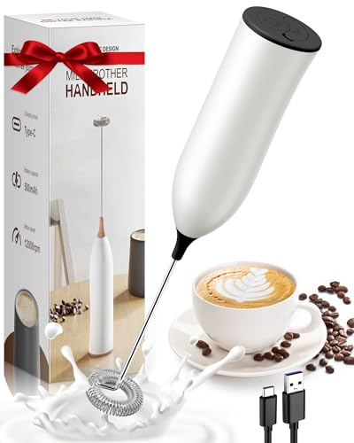 Frother Wand Rechargeable, USB Charging Milk Frother Handheld Powerful Coffee Frother for Coffee Latte, Cappuccino, Mocha, Macchiato, Frappe and Protein Powder -White