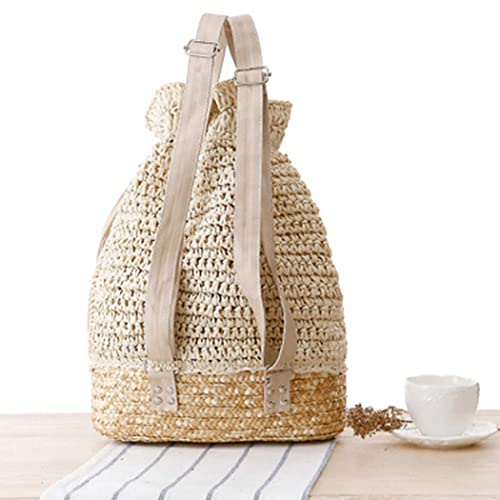 Image of Women Knapsack Crochet Woven Straw Backpack with Leather Straps Shoulder Bags Drawstring Backpack Summer Holiday Beach Tote Beige Rucksack
