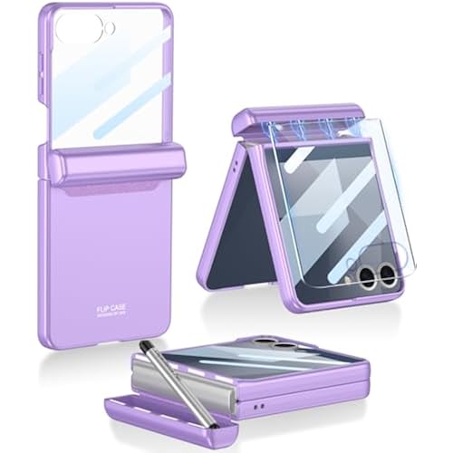 for Samsung Galaxy Z Flip 7 Case with S Pen,Slim PC All-Inclusive Shockproof Cover with Magnetic Hinge Protection + Tempered Glass Screen Protector for Samsung Galaxy Z Flip 7 5G (Purple)