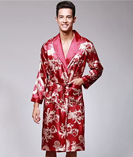 Pjfcs Men's Satin Robe Ice Silk Long Sleeve Kimono Bathrobe Lightweight Soft Sleepwear Pajamas,Red,3Xl #TOP1