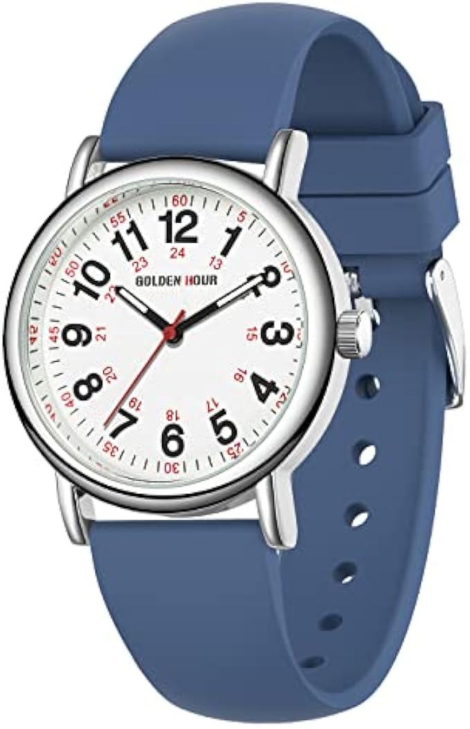 GOLDEN HOUR Waterproof Nurse Watch for Medical Professionals, Students Women Men - Military Time Luminouse Easy Read Dial, 24 Hour with Second Hand, Colorful Silicone Band