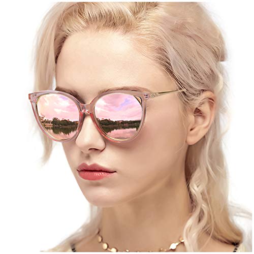 Myiaur Fashion Cat Eye Mirror Gafas de sol Mujer Protección UV polarizada Diseño elegante (Marco rosa/lente de espejo rosa)