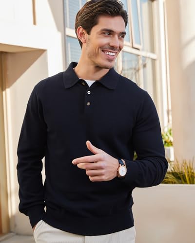 Image of Kallspin Mens 100% Cotton Polo Sweater Long Sleeve Button Down Knit Pullover Relaxed Fit Collared Casual Tops