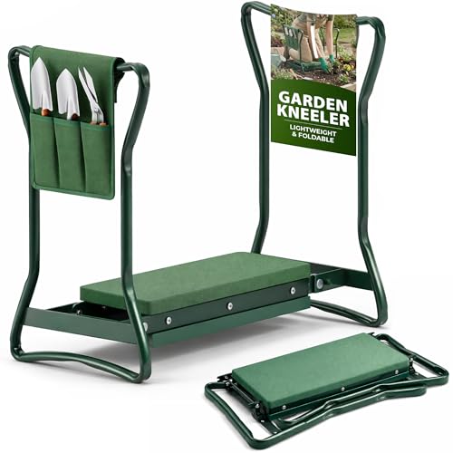 ZENO Garden Kneeler Seat with Handles | 2-in-1 Kneeling Pad & Seat | Padded Garden Kneeler | Lightweight & Foldable | Green Steel Kneeler with Tool Bag