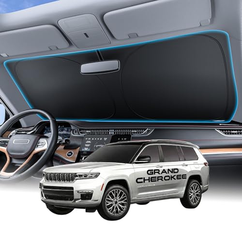 Image of Wigoo for Jeep Grand Cherokee Windshield Sunshade [OEM Design, 100% Sun Blockage] Foldable Heat Insulation Sun Shade with Storage Bag, for Jeep Grand Cherokee (2022-2026), Silver Coating