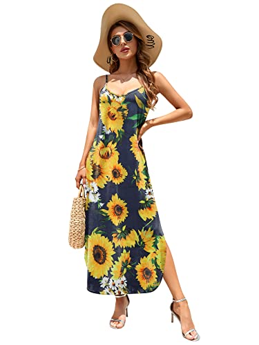 Image of HUSKARY Women's Summer Casual Sleeveless V Neck Strappy Split Loose Dress Beach Cover Up Long Cami Maxi Dresses with Pocket