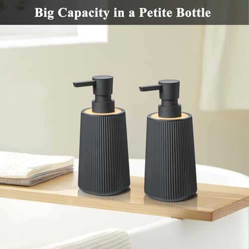 Image of Black Hand Soap Dispenser Set with Bamboo Decor and No Rust Pump for Bathroom and Kitchen Countertops Refillable Striped Matte Plastic 8.5 oz