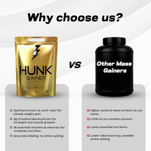 Image of Divine Nutrition HUNK GAINER | High-Calorie Mass Gainer with Protein, Carbs, and Vitamins for Muscle Growth | 1 KG (1 kg, Belgium Chocolate)