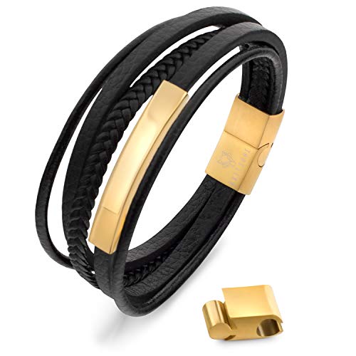 Akitsune The Punisher Sintético Brazalete de Cuero | Cierre magnético Fuera Acero Inoxidable - Trenzado es Hombres Hombre Pulsera Incl. más Hermosa Joyero - Oro-Negro - 19cm Cover