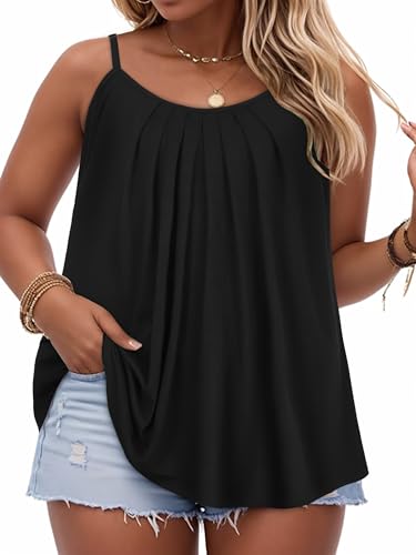 JOELLYUS Plus Size Tank Tops for Women Summer Casual Loose Pleated Spaghetti Strap Camisole Sleeveless Flowy Tunic Blouses
