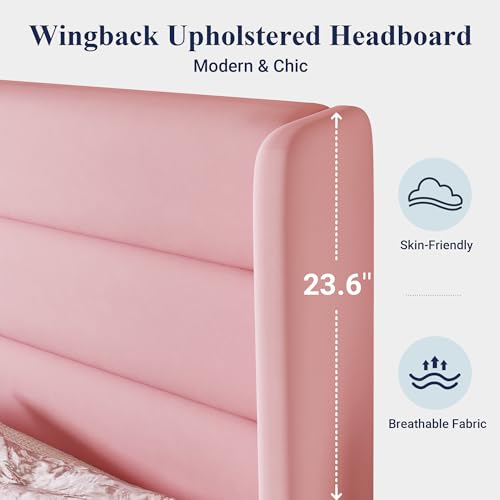 Image of Allewie King Size Platform Bed Frame with Velvet Upholstered Wingback Headboard, No Box Spring Needed, Under Bed Storage Space, Strong Wooden Slats, Modern Mattress Foundation, Easy Assembly, Pink