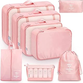 CUQOO 8pc Packing Cubes for Suitcases in Pink  Lightweight Suitcase Organiser Bags Set with Mesh Top | Waterproof packing cubes for travel | Strong Travel Bags Organiser Travel Essentials for Flying