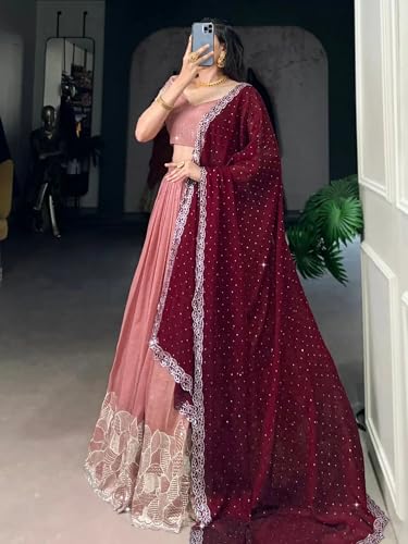 Image of Suppar Sleave Women's Embroidered Vichitra Silk Lehenga Choli Dupatta Set Semi-Stitched Blouse and Fit & Flare Style