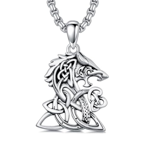 PROESS Collier viking loup en argent sterling 925 avec pendentif nœud celtique de la trinité - Cadeau pour homme et femme, geeignet, Argent sterling, Pas de gemme