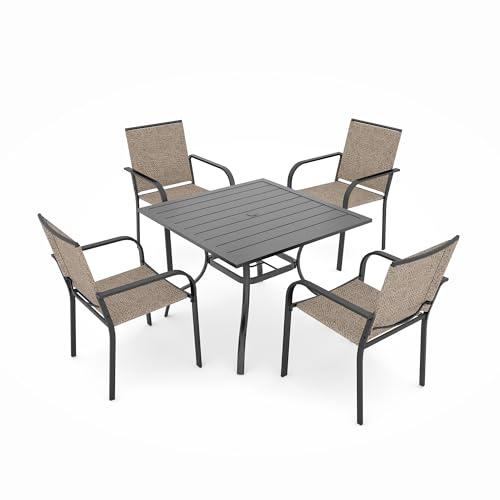 Image of Anmutig 5-Piece Outdoor Dining Set, 35 inch Square Table with 1.57 inch Umbrella Hole, 4 Stackable Chairs, Black Steel Frame Beige White Fabric