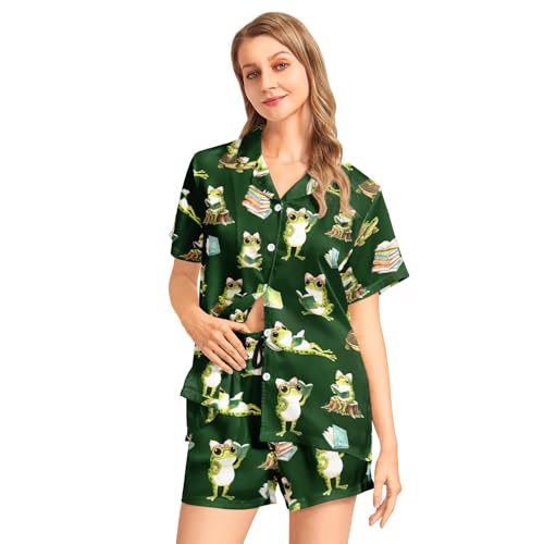 Image of Funny Pajamas for Women Set Print Satin Loungewear Pjs Short Sleeve Button Down Top and Shorts Sets Sleepwear XS-3XL