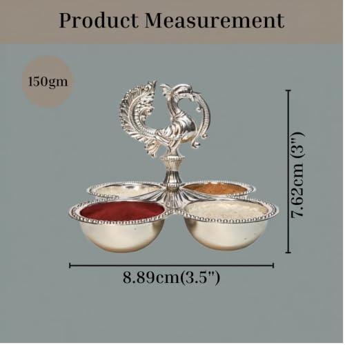 Image of Brass Kankavati Haldi Kumkum Container | Traditional Pooja Sindoor, Chawal Holder | Peacock Design 4 Bowl Pooja Accessory for Festivals, Gifting & Home Mandir (German Silver, Small)