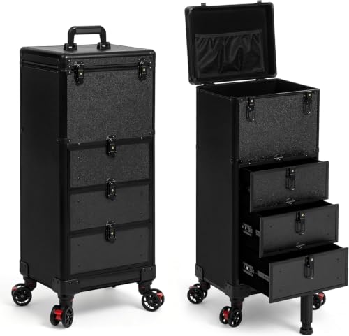 Image of Rolling Makeup Train Case with Drawers Cosmetology Case on Wheels | 4 in 1 Large Cosmetic Organizer for Hairstylist,Makeup Artist Nail Trolley Cart Salon Storage Traveling Cart Trunk