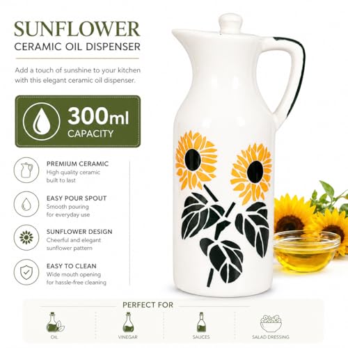 Image of Crazy Sutra Naturra Sunflower Ceramic Oil Dispenser Bottle | Decorative, Vinegar & Olive Oil Pourer, With Lid, Kitchen Serving Cruet