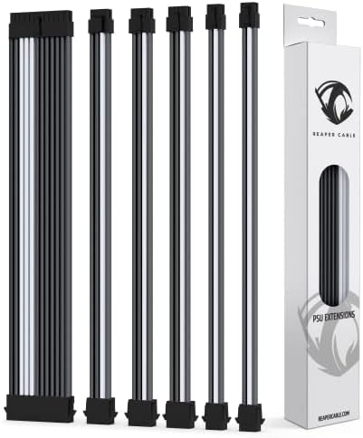 Reaper Cable Sleeved PSU Extension Set - Power Supply Extensions - 1x 24 Pin/ 2x 8 Pin/ 2x 6 Pin/ 1x 4+4 Pin - With Combs - 30cm (White & Carbon)