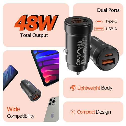 Image of Phonokart Creta 2 48W Car Charger, Dual USB Port (30W PD USB-C + 18W QC 3.0 USB-A), Fast Charging Adapter for Cars, SUVs & Trucks