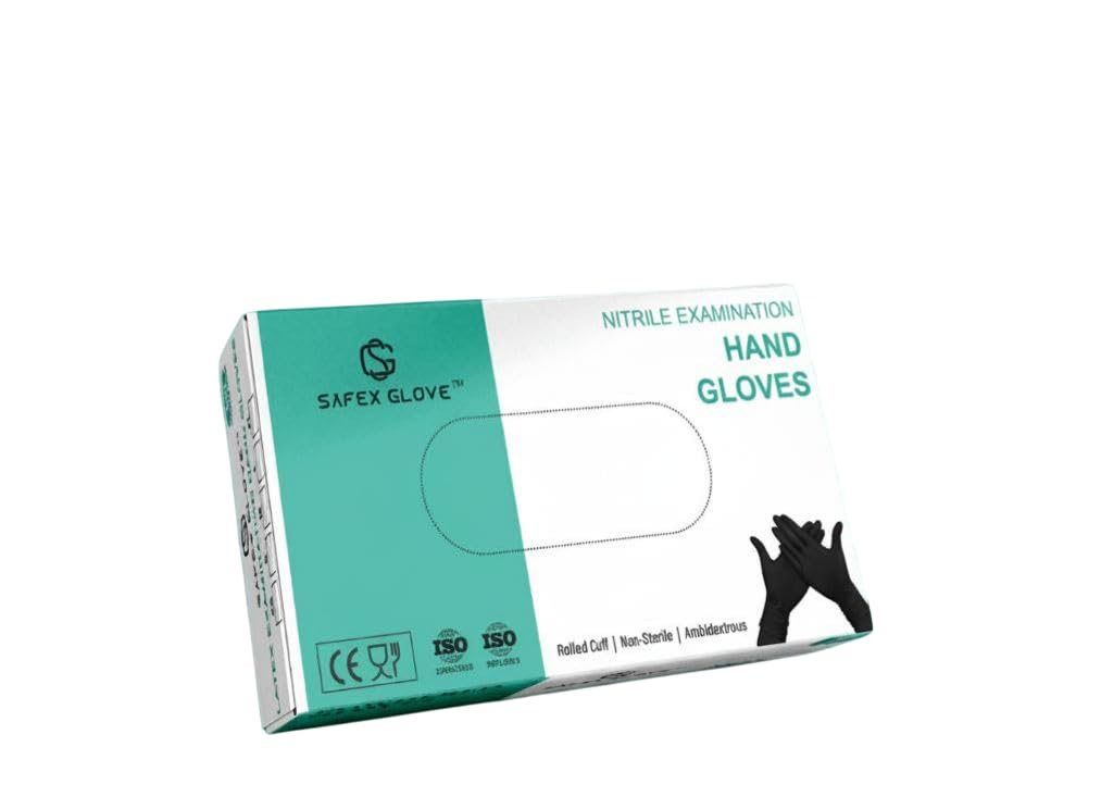 SAFEX GLOVE Nitrile Examination Gloves (PACK of 100) � Latex Free, Textured Grip for Wet & Dry Handling, Comfortable Fit � Suitable for Medical, Laboratory, Food Handling & General Use (Black, L)