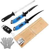 Leriton 6 Pcs Fish Cleaning Kit Include Cutting Board Fish Fillet Boards with Clamp 2 Knife Cut Resistant Gloves Scale with Built in Measuring Tape Sharpening Rod(Foldable)