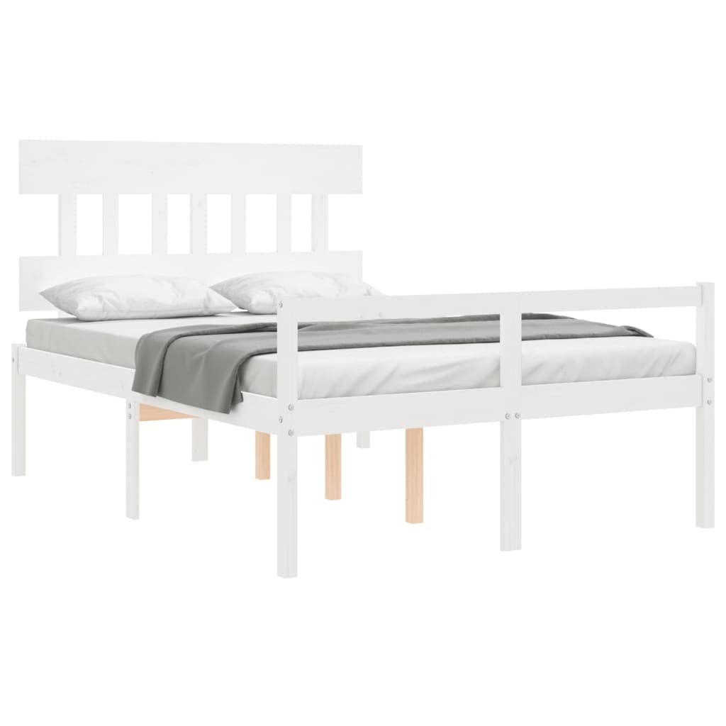 Seniorenbett aus massivem Kiefernholz 140x190 cm Weiß mit Kopfteil, Lattenrost und Stauraum, seniorengerechtes Holzbettrahmen für Schlafzimmer und Gästezimmer