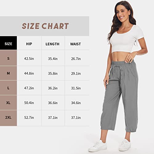 Tba Women's Casual Pants Summer Wide Leg Capris Drawstring Elastic High Waist Cotton Cropped Trousers With Pockets Gray #TOP6