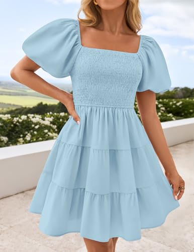 Image of ZESICA Women's Boho 2026 Summer Square Neck Puff Sleeve Off Shoulder Smocked Tiered Casual A Line Short Mini Dress
