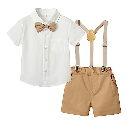 Billion Xin Toddler Boys Gentleman Outfits Suits, Baby Tuxedo Long Sleeve Shirt Party Clothes Set+ Suspender Pants +Bow Tie (White+khaki, 4-5 years)