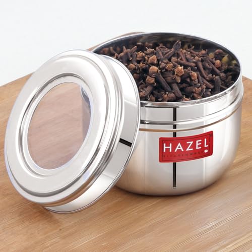 Image of HAZEL Stainless Steel See Through Container 450 ml | Oval Shape Steel Storage Jar with Transparent Lid | Kitchen Container for Spices, Dry Fruits & Snacks