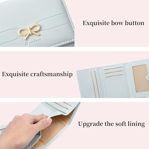 Image of RNIEGA Small Wallets Girls Cute Coquette Bow Wallet Women Aesthetic Credit Card Holder with ID Window, LIght Blue