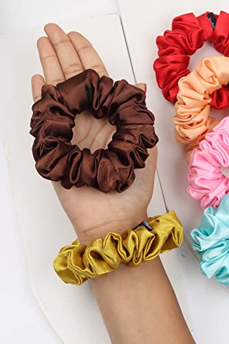 Image of Premium Satin Scrunchies for Women | Hair Bands, Ponytail Holders & Rubber Bands | Fluffy, No-Damage Hair Ties | Girls Hair Accessories | Medium Size | Pack of 6