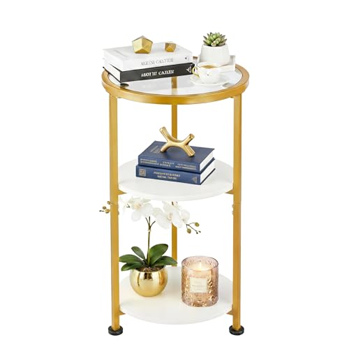 ZEXVIDA Glass Side Table Tempered Glass Small Round Side Table with 3-Tier Storage Shelves for Small Spaces Modern Glass Round End Table for Living Room Bedside Nightstand for Bedroom (White+Gold)